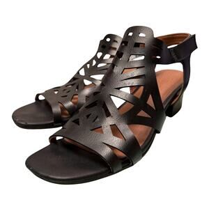 Women's Barestraps Black/Brown Laser Cut Open-Toe Strap Sandal 2"Block Heels-9.5